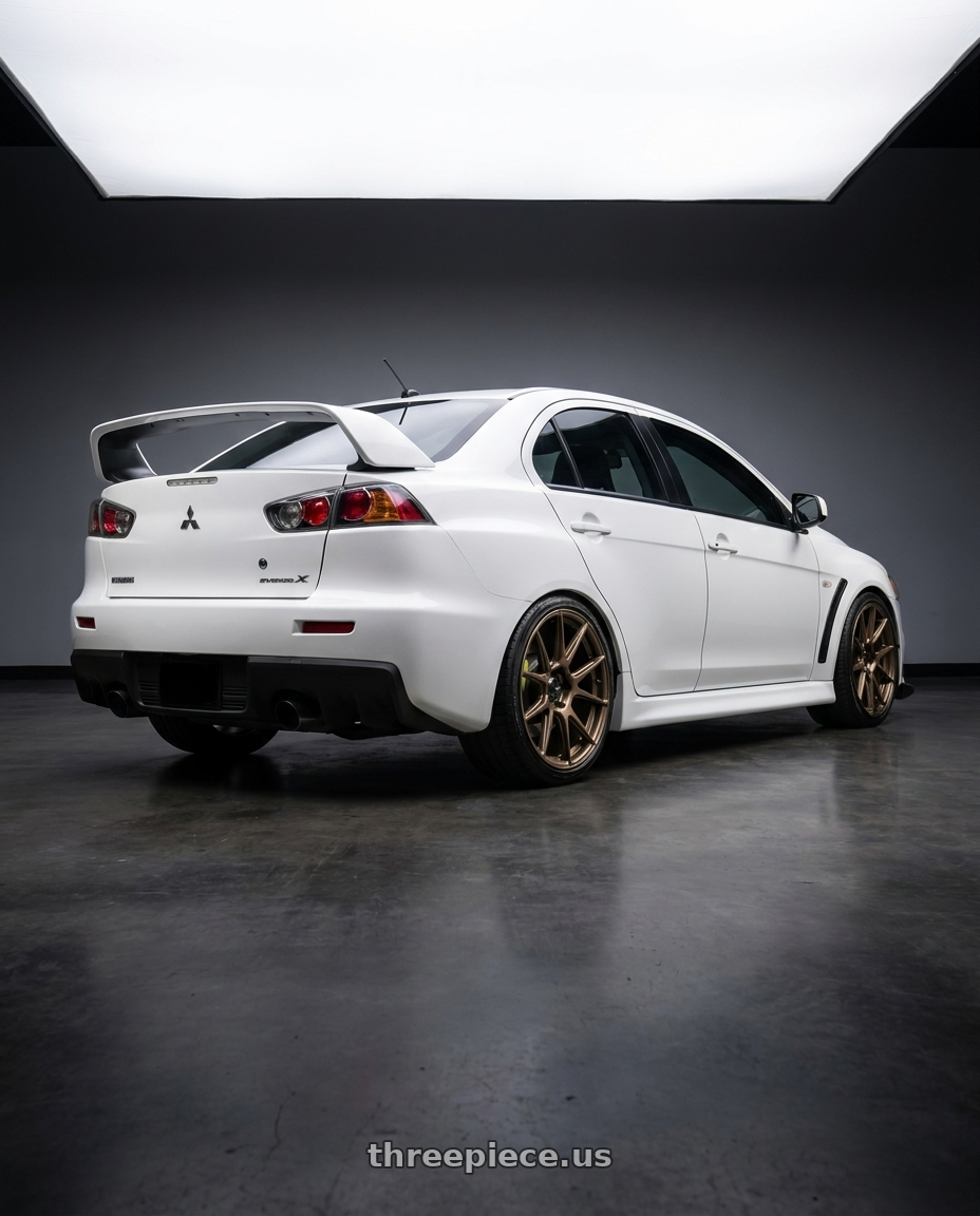 2010 Mitsubishi lancer Evo x with Konig Ampliform 5x114.3 18x9.5+35 Gloss Bronze wheels rear three quarter view square tires