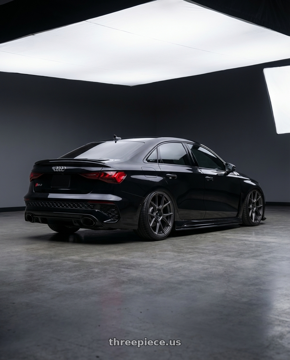 2022 Audi RS3 8Y with Konig Ampliform 5x112 19x8.5+32 Dark Metallic Graphite wheels rear three quarter view slight stretch tires