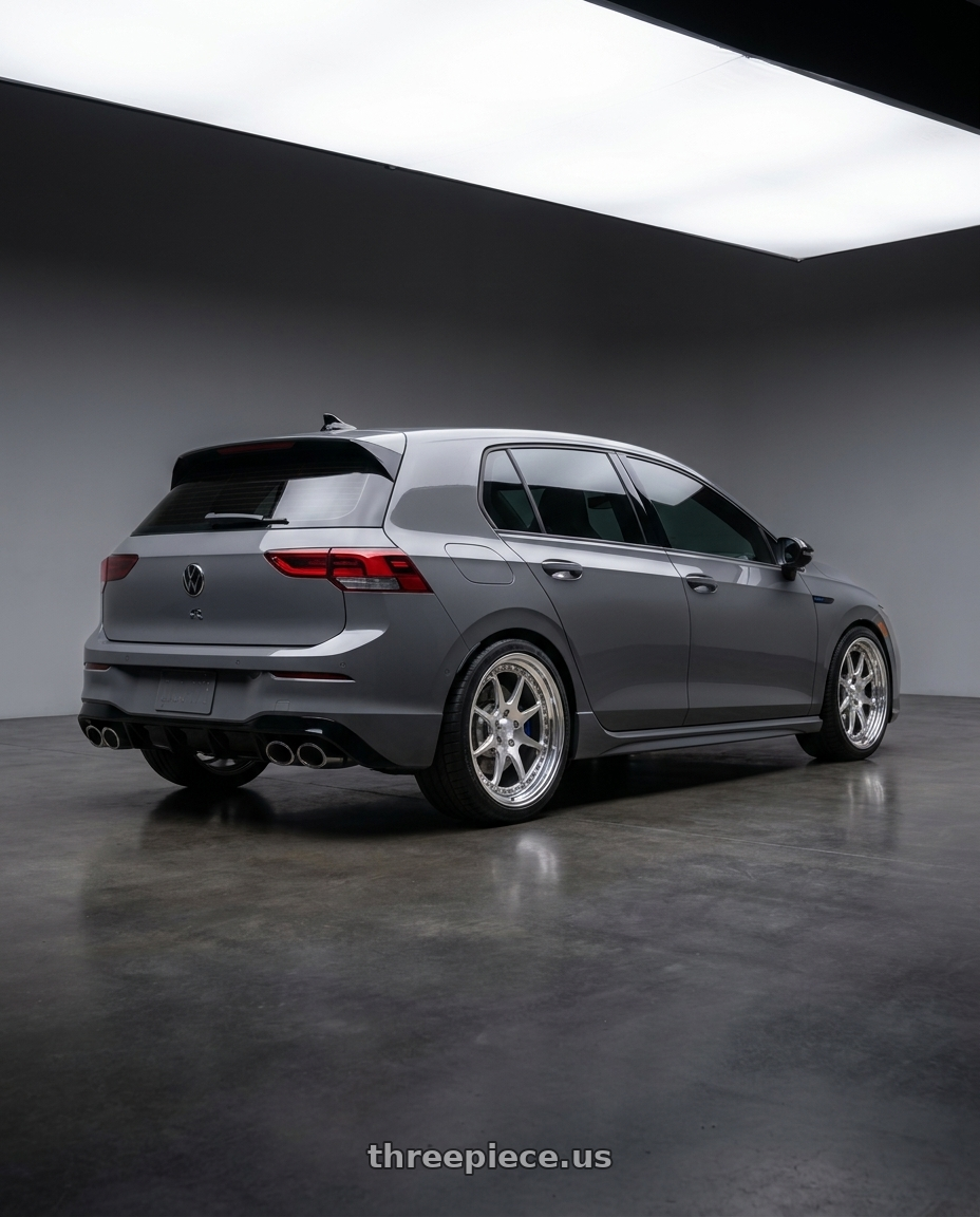 2026 Volkswagen Golf R Graphite with CCW CZ08 5x112 18x8.5 +45 Polished wheels rear three quarter view square tires
