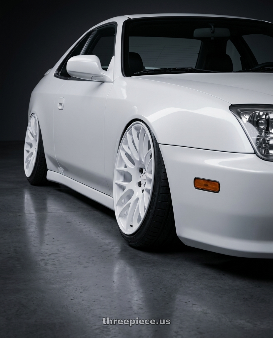 2000 Honda Prelude with Work Emotion m8r 5x114.3 19x8.5 +30 White wheels front three quarter view slammed stance