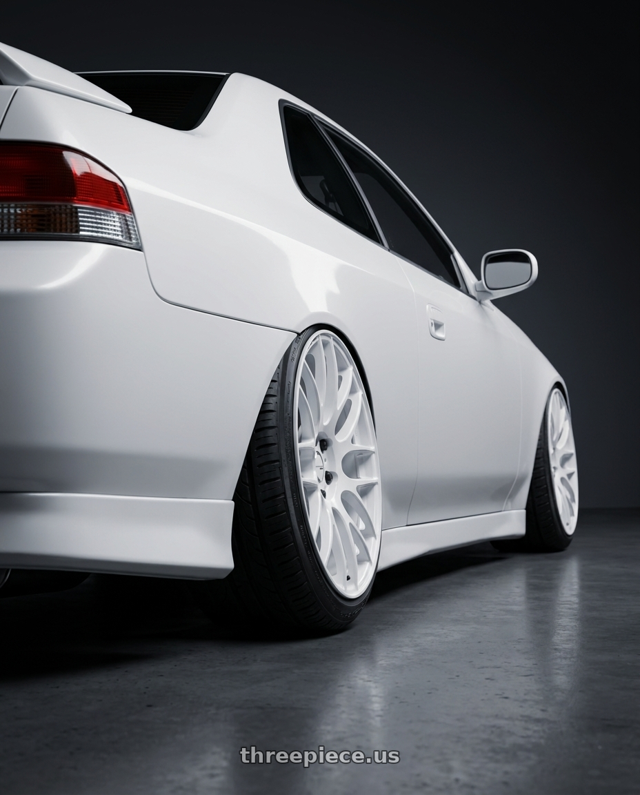2000 Honda Prelude with Work Emotion m8r 5x114.3 19x8.5 +30 White wheels rear three quarter view extreme stretch tires
