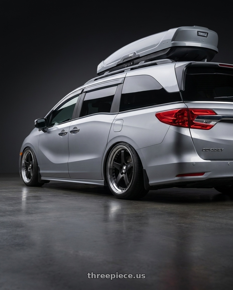 2024 Honda Odyssey with SSR Professor SP4 5x120 20X7.5 30 NR Disk Flat Black wheels rear three quarter view slight stretch tires