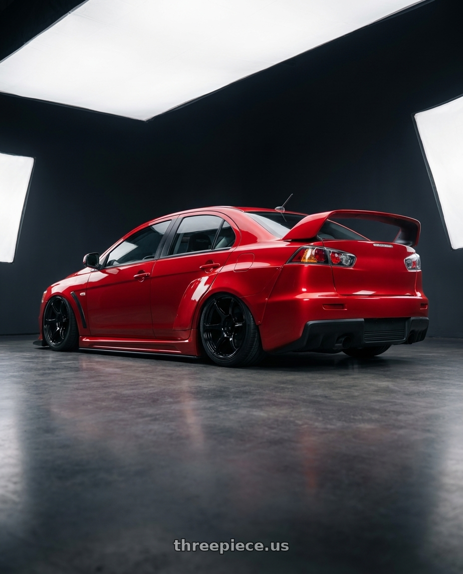 2012 Mitsubishi Lancer Evo X with Advan RGIII 5x114.3 18x8.0+37 Gloss Black wheels rear three quarter view slight stretch tires