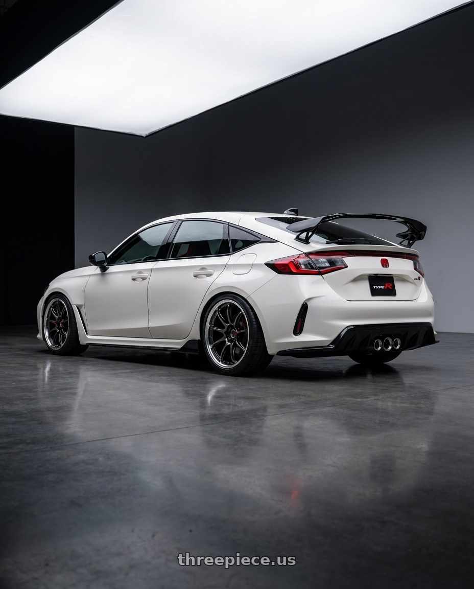 2025 honda civic type r  with Work Emotion Zr10 5x120 19x9.5 +30 Glim Black Diamond Rim cut wheels rear three quarter view square tires