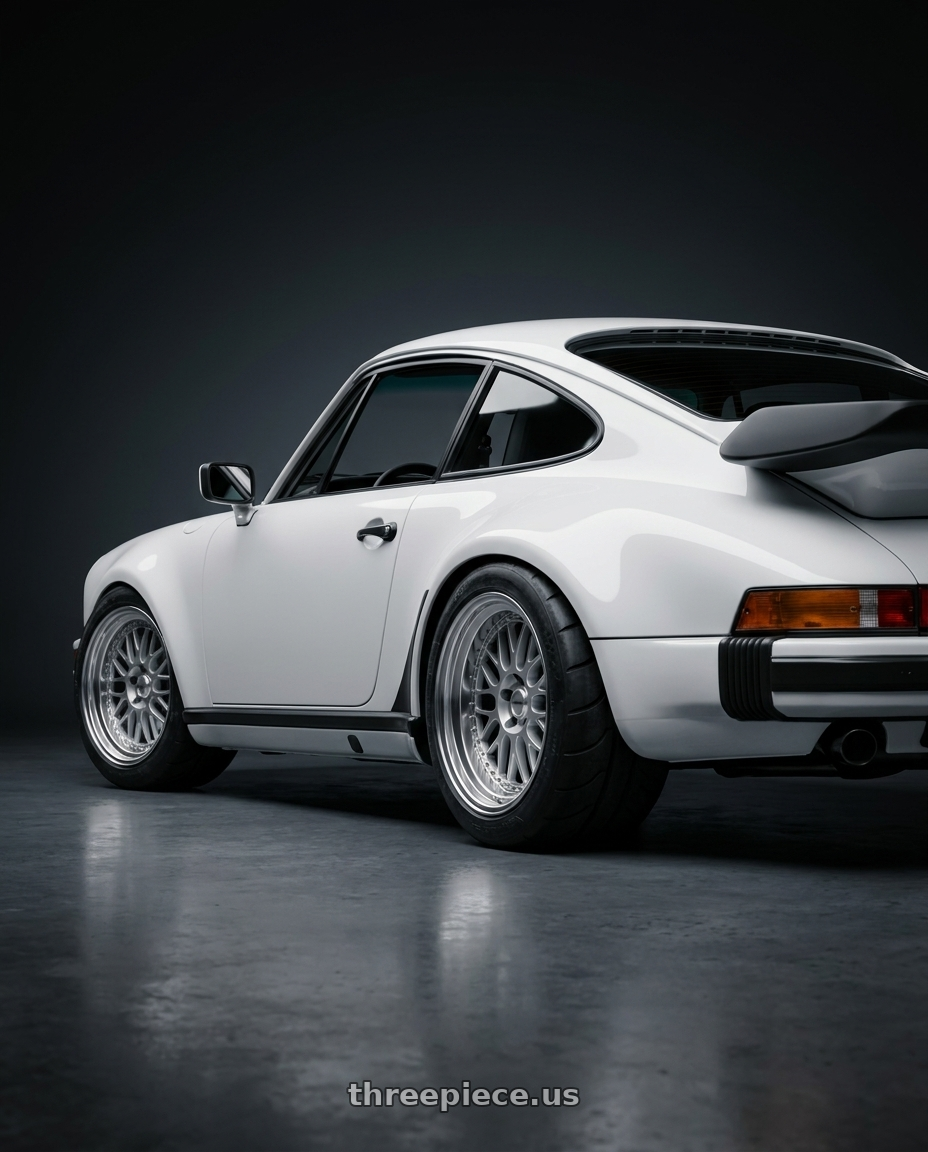 1987 Porsche 930 with Work Meister M1 3p 5x130 18x10.5+8 H Disk Silver wheels rear three quarter view meaty tires