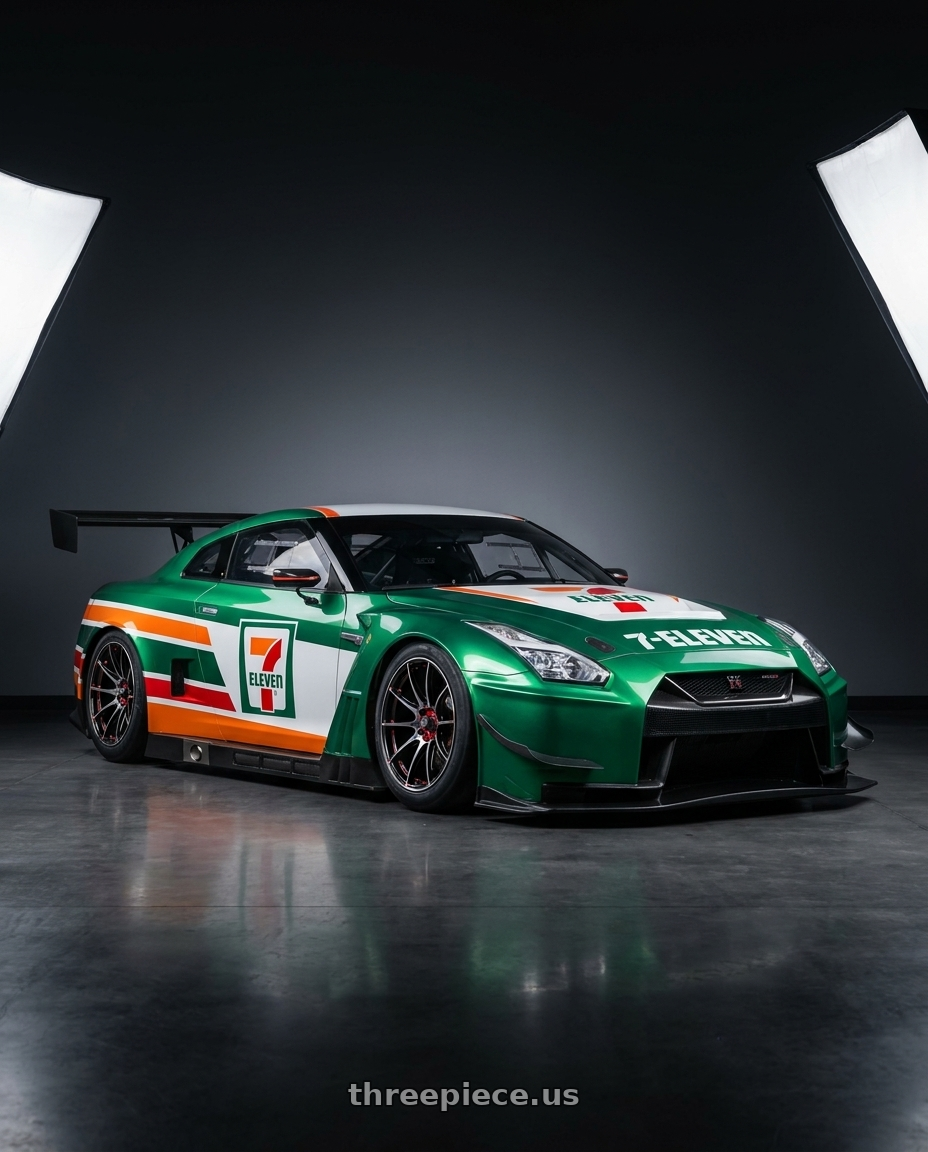 2025 NISSAN GT-R NISMO GT3(TARMAC WORKS × 7-ELEVEN TAIWAN 7-11限定紀念車) with Spec-1 SP-53 5x114.3/5x120 20x8.5 +38 Gloss Black & Red Machined wheels