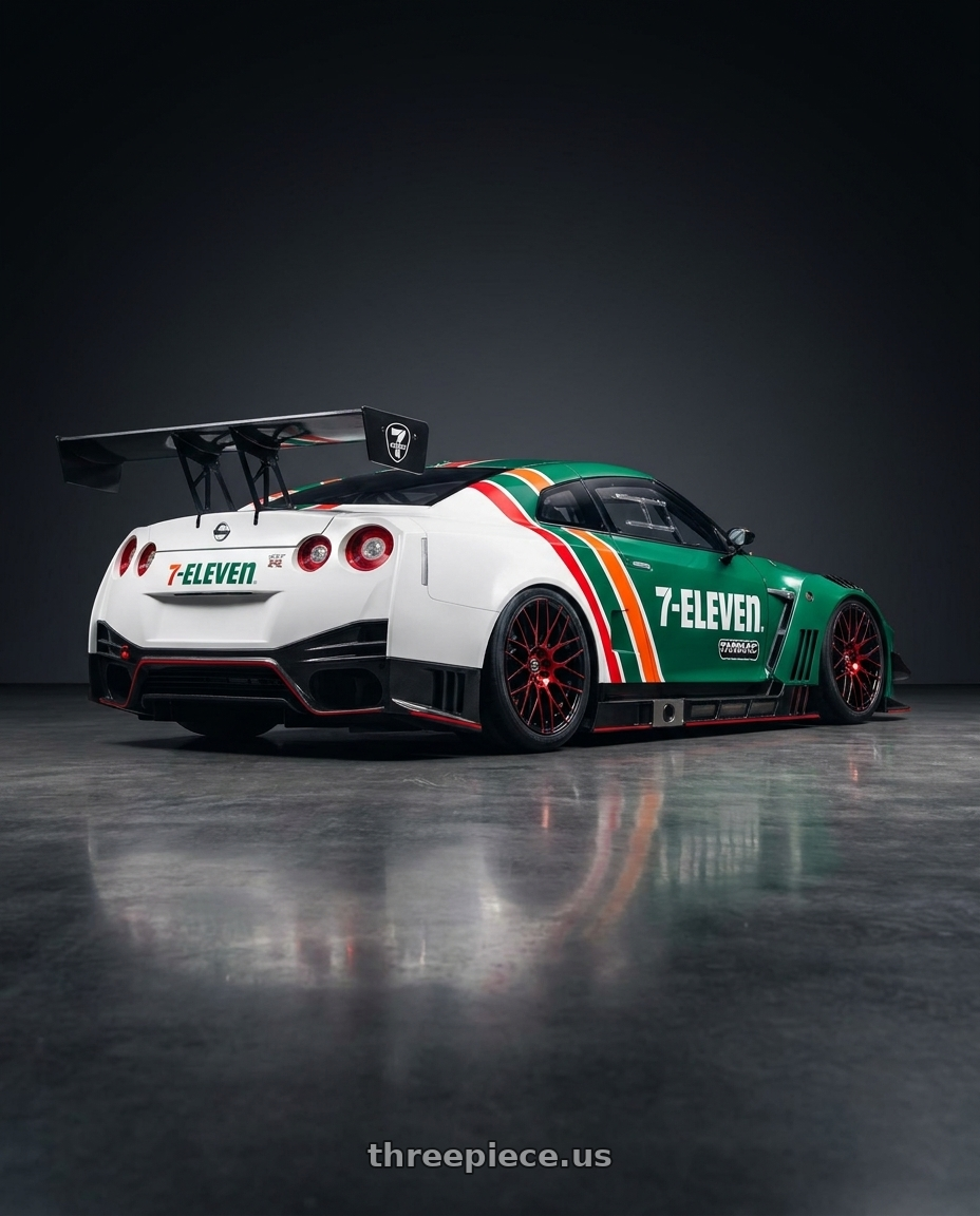 2025 NISSAN GT-R NISMO GT3(TARMAC WORKS × 7-ELEVEN TAIWAN 7-11限定紀念車) with Spec-1 SP-53 5x114.3/5x120 20x8.5 +38 Gloss Black & Red Machined wheels rear three quarter view slight stretch tires
