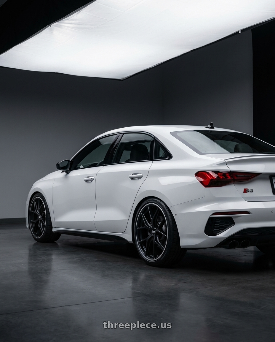 2024 Audi S3 8Y with BBS CC-R 5x112 19x8.5+30 Satin Black wheels rear three quarter view square tires