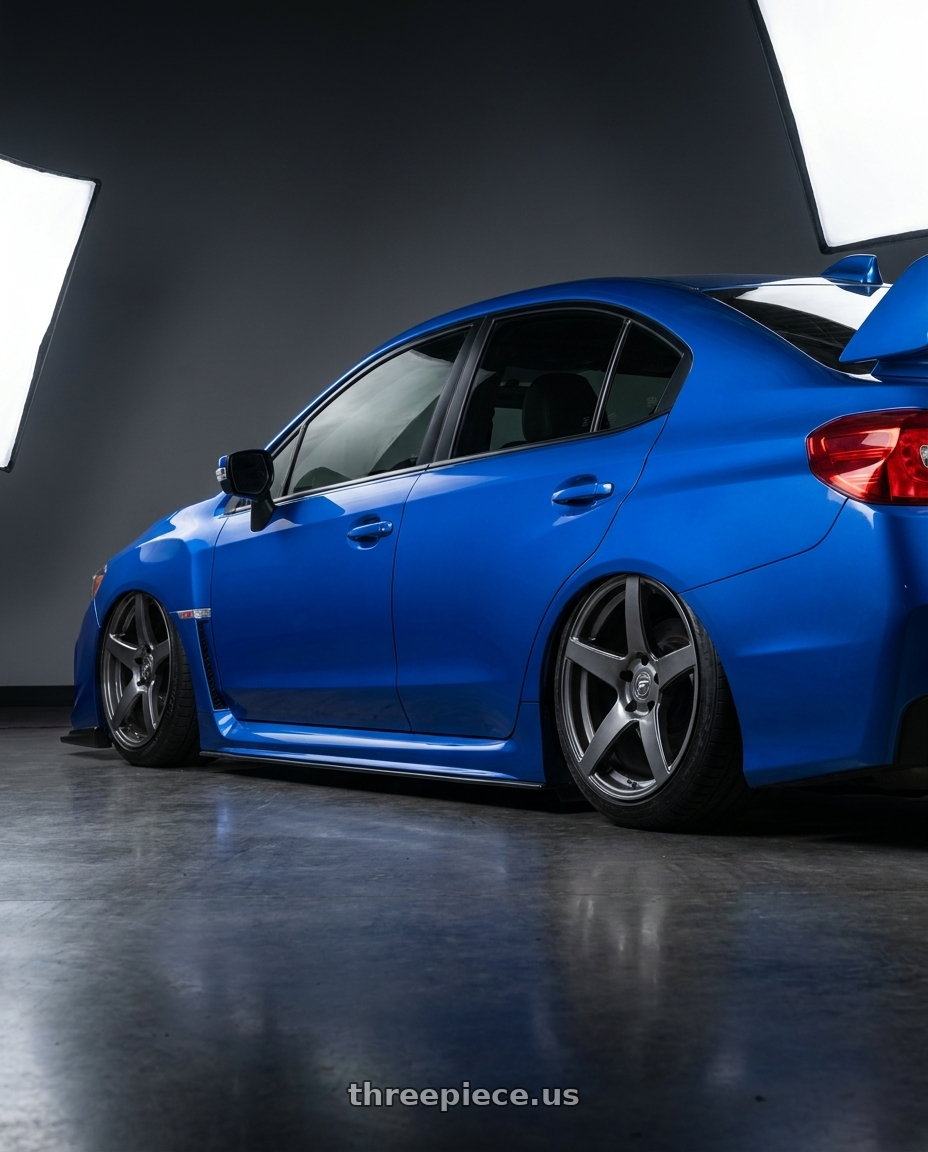 2018 Subaru WRX STI with Forgestar CF5 5x114.3 18x10 +42 Gloss Anthracite wheels rear three quarter view slight stretch tires