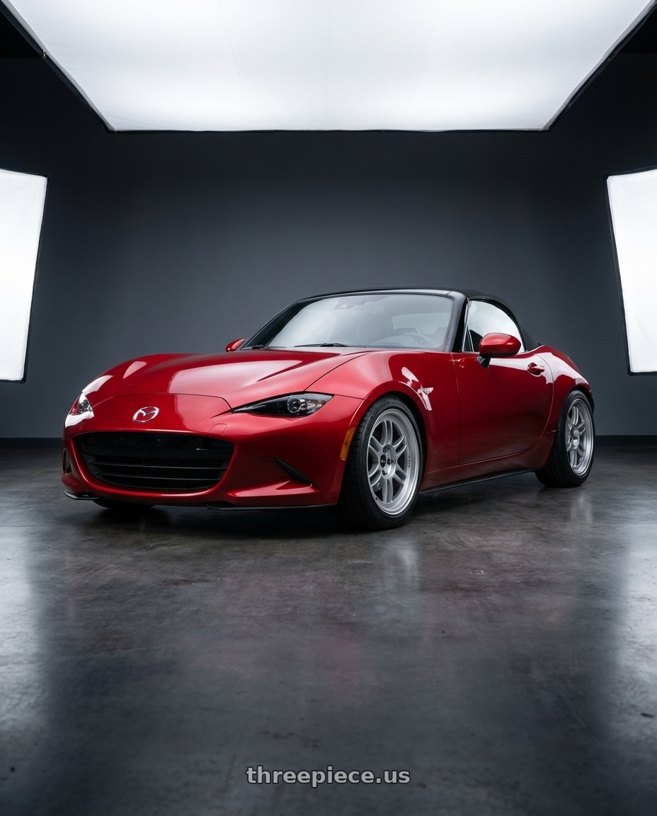 2016 Mazda Miata with Enkei RPF1 4x100 17x7+35 Silver wheels front three quarter view lowered stance