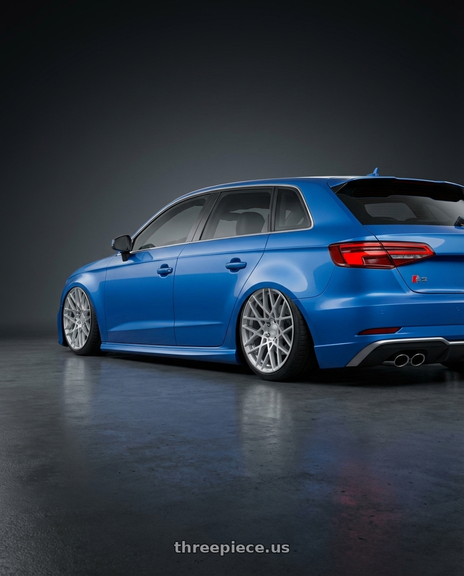 2019 Audi S3 8V with Rotiform 1PC R110 BLQ 5X112 19X8.5 +35 GLOSS SILVER MACHINED wheels rear three quarter view slight stretch tires