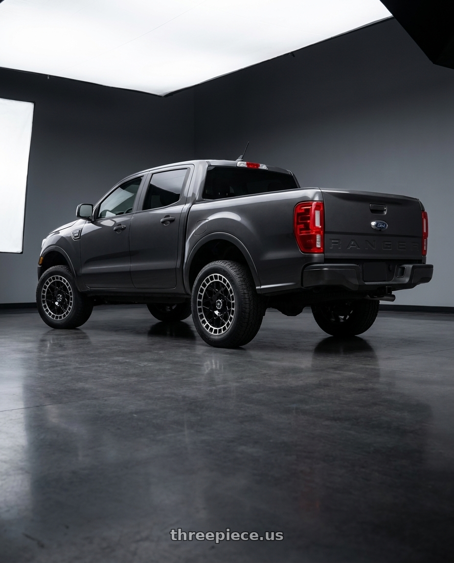 2021 Ford Ranger XL with Vision Street-Designs 349 Savage 6x139.7 17x8.5+12 Gloss Black Machined Lip wheels rear three quarter view square tires