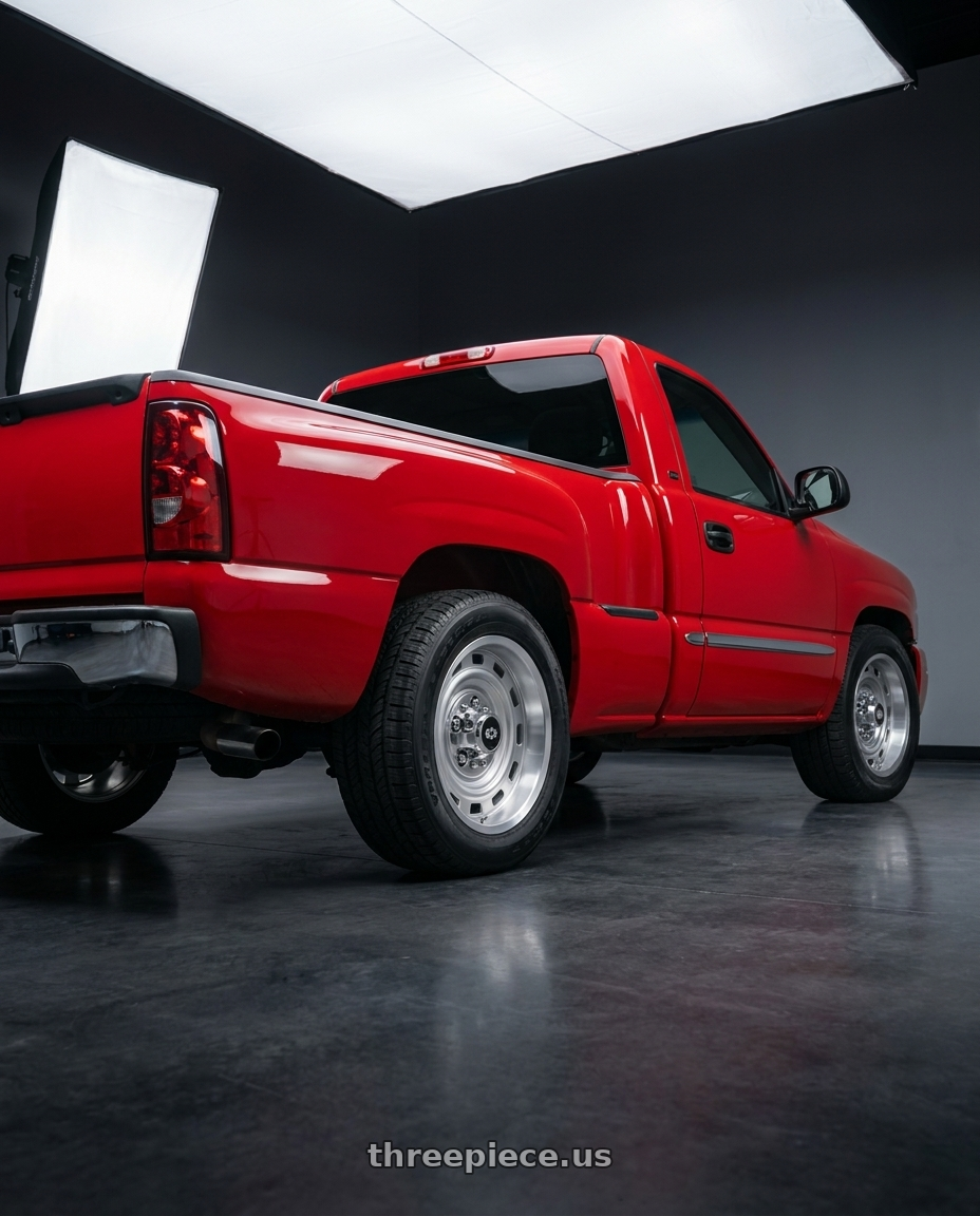 2004 gmc sierra 1500 with Vision American Muscle 54 Cheyenne 6x139.7 22x9+25 wheels rear three quarter view square tires