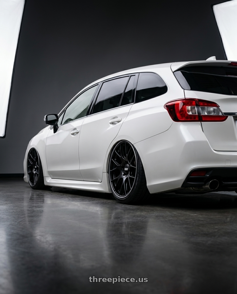 2018 Subaru levorg with BBS CH-R 5x130 19x12 +45 Satin Black Polished Rim Protector wheels rear three quarter view slight stretch tires