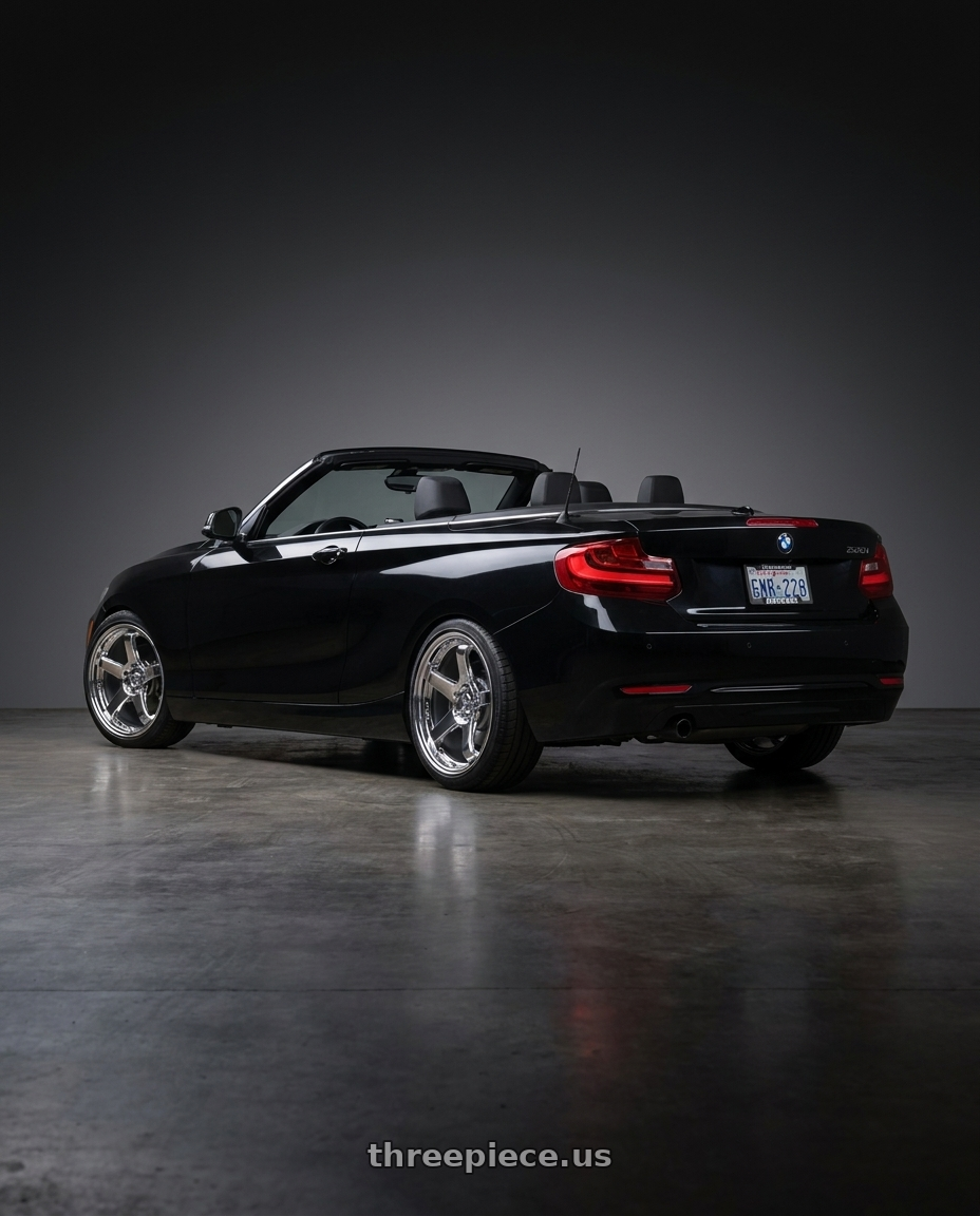 2016 bmw 228i 2D convertible with KATANA RACING HR05 5x120 18x8.5 +35 Chrome wheels rear three quarter view slight stretch tires