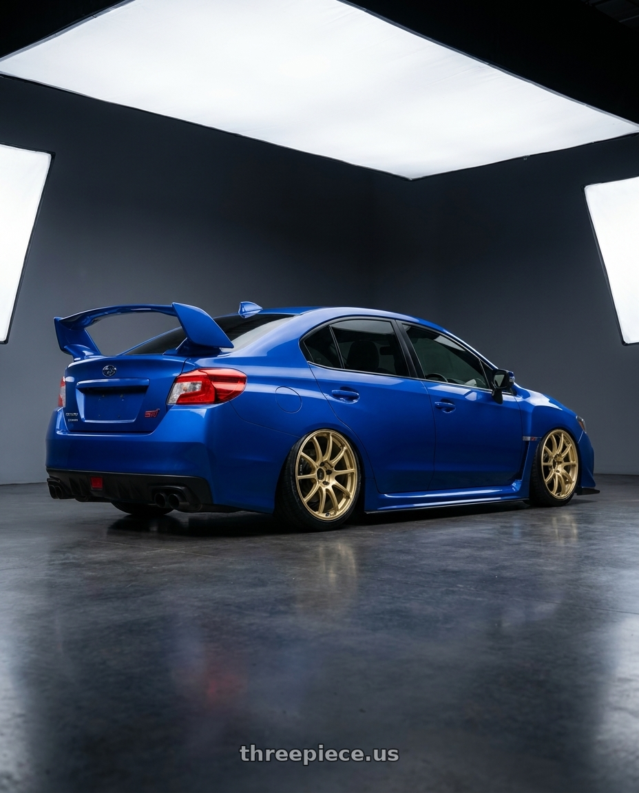 2013 Subaru WRX STI with Advan RCIII 5x114.3 18x8.5+38 Gold wheels rear three quarter view slight stretch tires