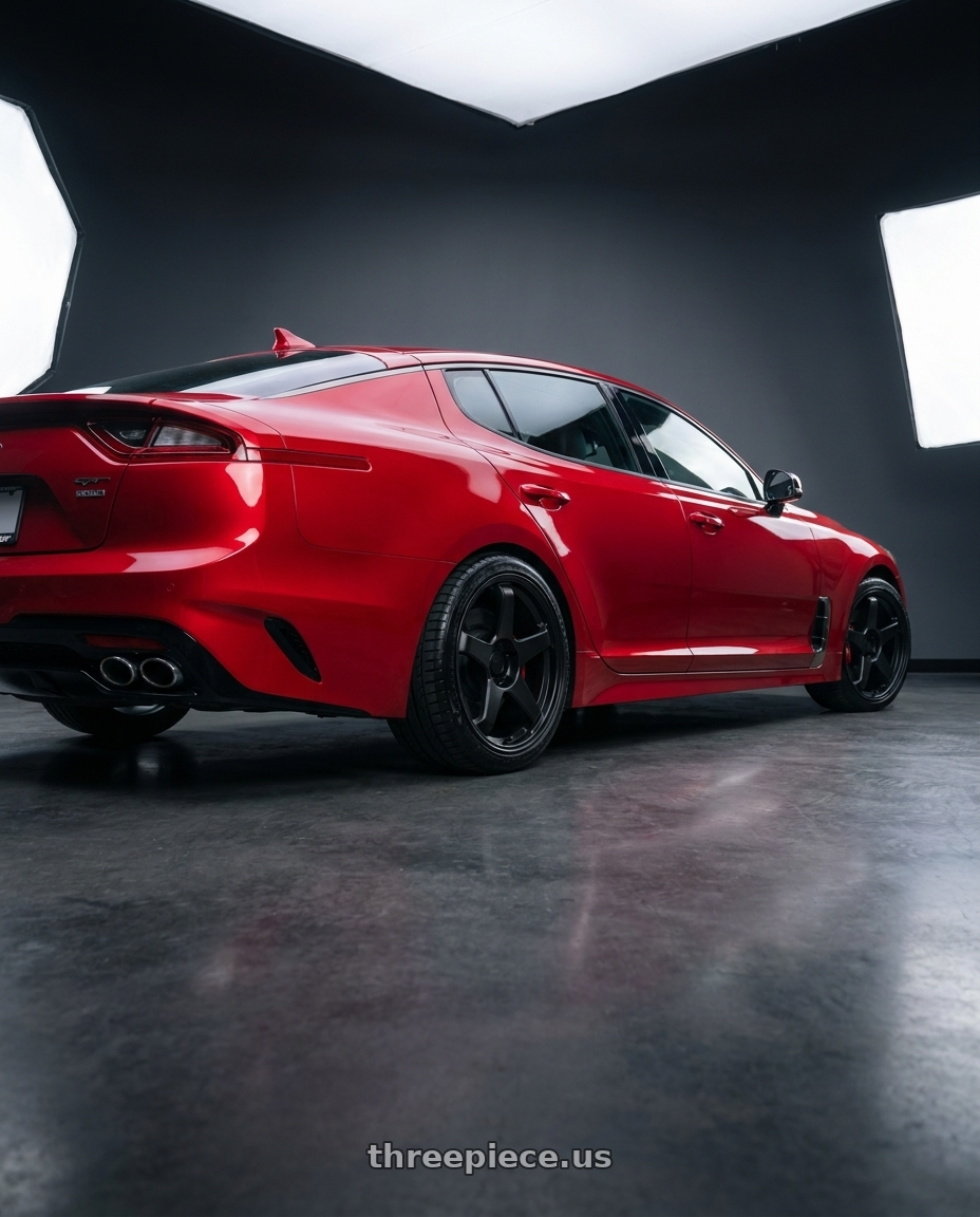 2018 Kia Stinger GT2 AWD with Motegi MR151 CS5 5X114.3 19X9.5 +40 SATIN BLACK wheels rear three quarter view square tires