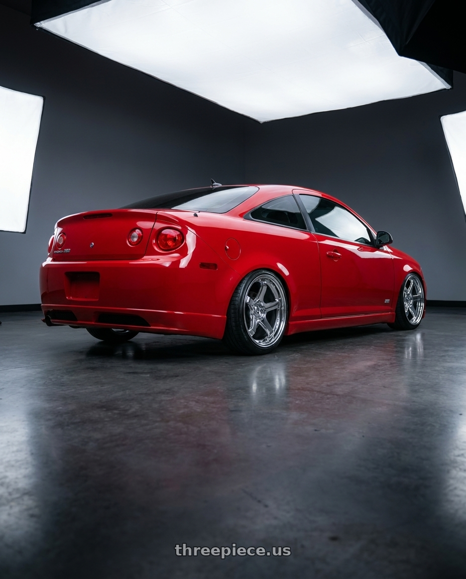 2010 chevy cobalt ss with KATANA RACING HR05 5x114.3 18x9.5 +38 Chrome wheels rear three quarter view slight stretch tires
