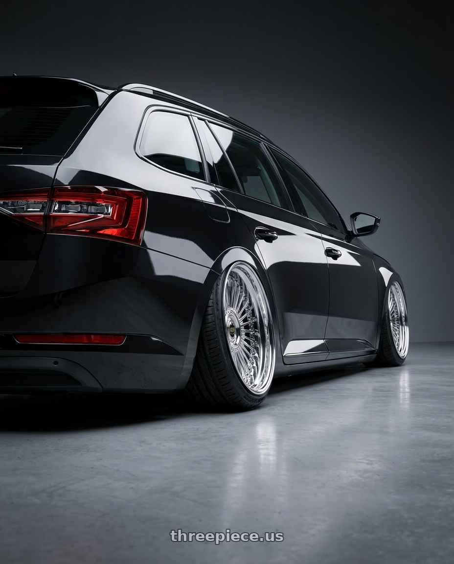2026 SKODA superb sportline with Work Emitz wheels rear three quarter view extreme stretch tires