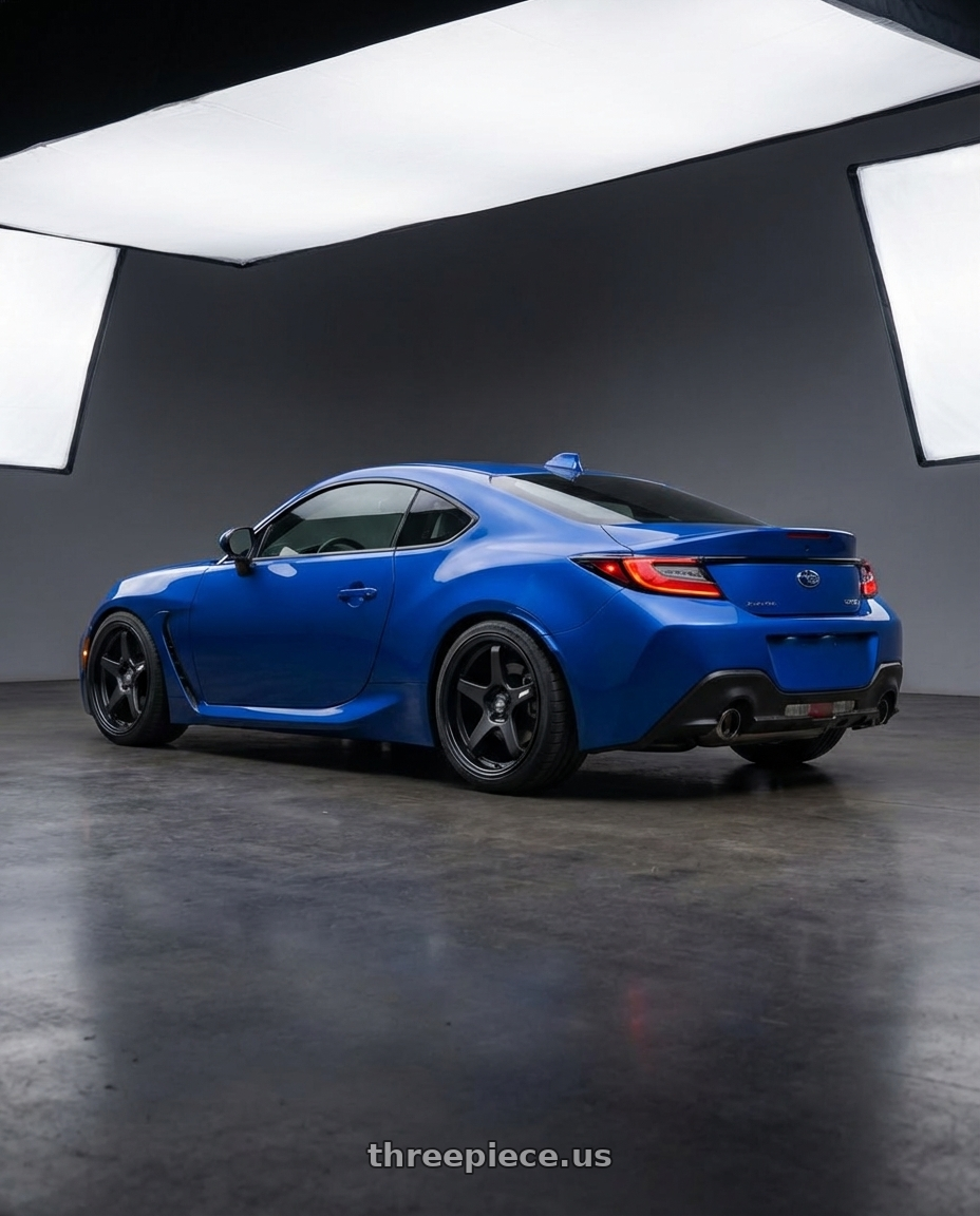 2024 Subaru BRZ with ESR Wheels APEX SERIES AP5 5x114.3 18x10.5 +22 Matte Black wheels rear three quarter view square tires