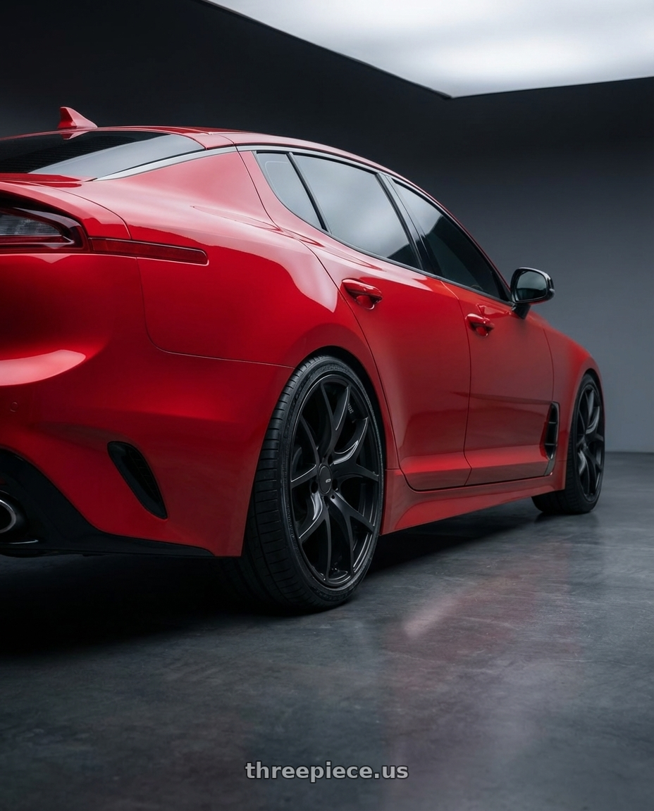 2022 Kia Stinger GT with Ssr Gtv03 5x114.3 19x8.5+38  FLAT BLACK wheels rear three quarter view square tires