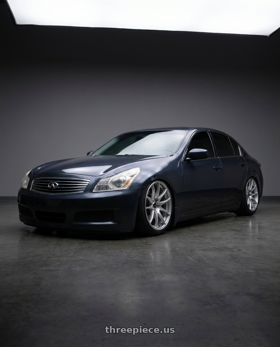 2008 INFINITI G35 with Vors TR4 5x114.3 17x8  +35 Silver Machine Face wheels front three quarter view stanced stance