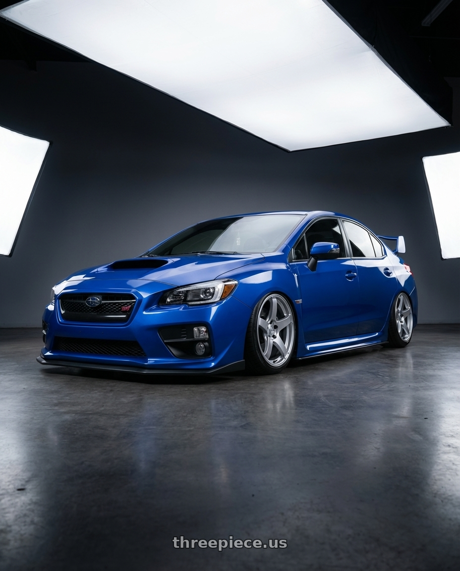 2018 Subaru WRX STI with Ssr Gtv01 5x114.3 18x8+35  GLARE SILVER wheels front three quarter view stanced stance