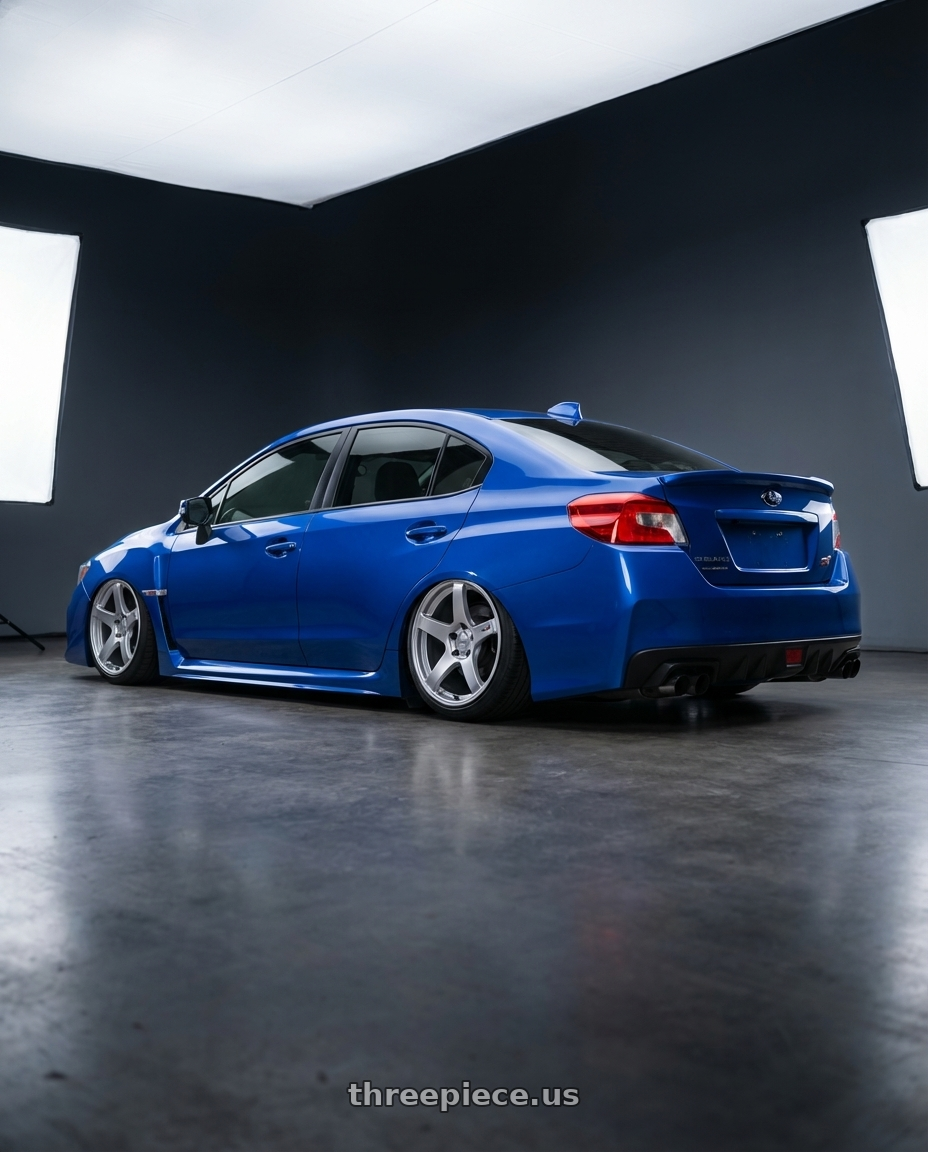 2018 Subaru WRX STI with Ssr Gtv01 5x114.3 18x8+35  GLARE SILVER wheels rear three quarter view slight stretch tires