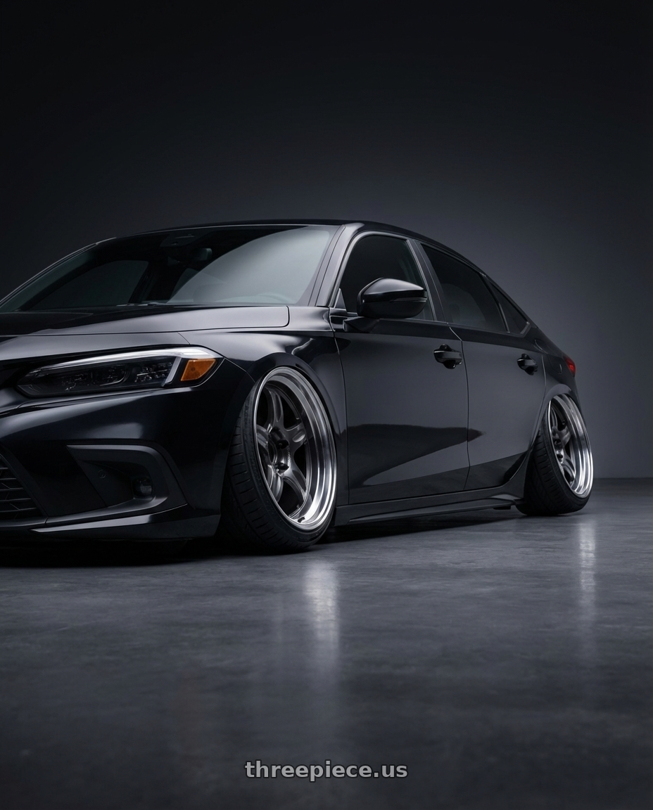 2023 Honda civic  with Volk Racing 21C 5x114.3 18x8.5 +35 DARK GUNMETAL / RIM DC wheels rear three quarter view extreme stretch tires