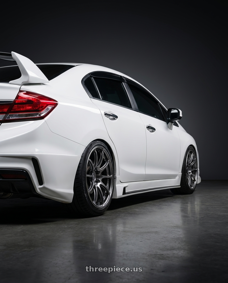  2015 Honda civic with Advan Racing RSIII 5x114.3 18x7.5 +48 RACING HYPER BLACK & RING wheels rear three quarter view slight stretch tires