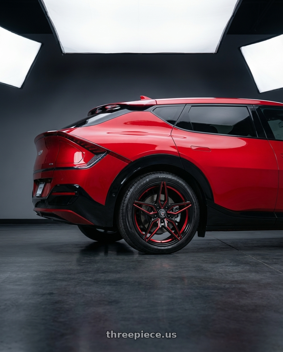 2024 kia ev6 with MARQUEE WHEELS M3259 5x120 18x9+38 BLACK / RED MILLING wheels rear three quarter view square tires