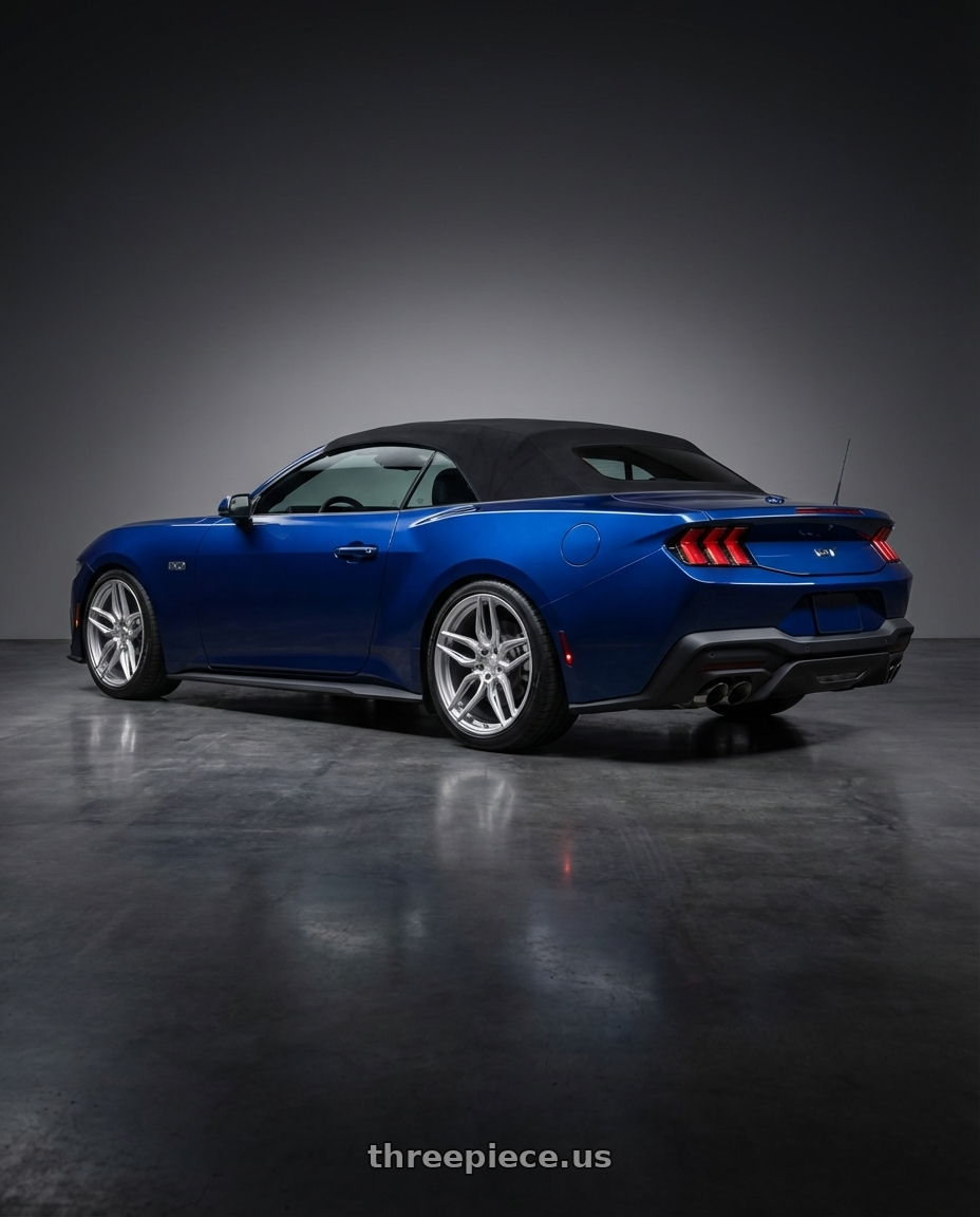 2024 Ford Mustang Gt Atlas Blue convertible  with ADV.1 ADV005 5x130 21x9 +46 Platinum wheels rear three quarter view square tires