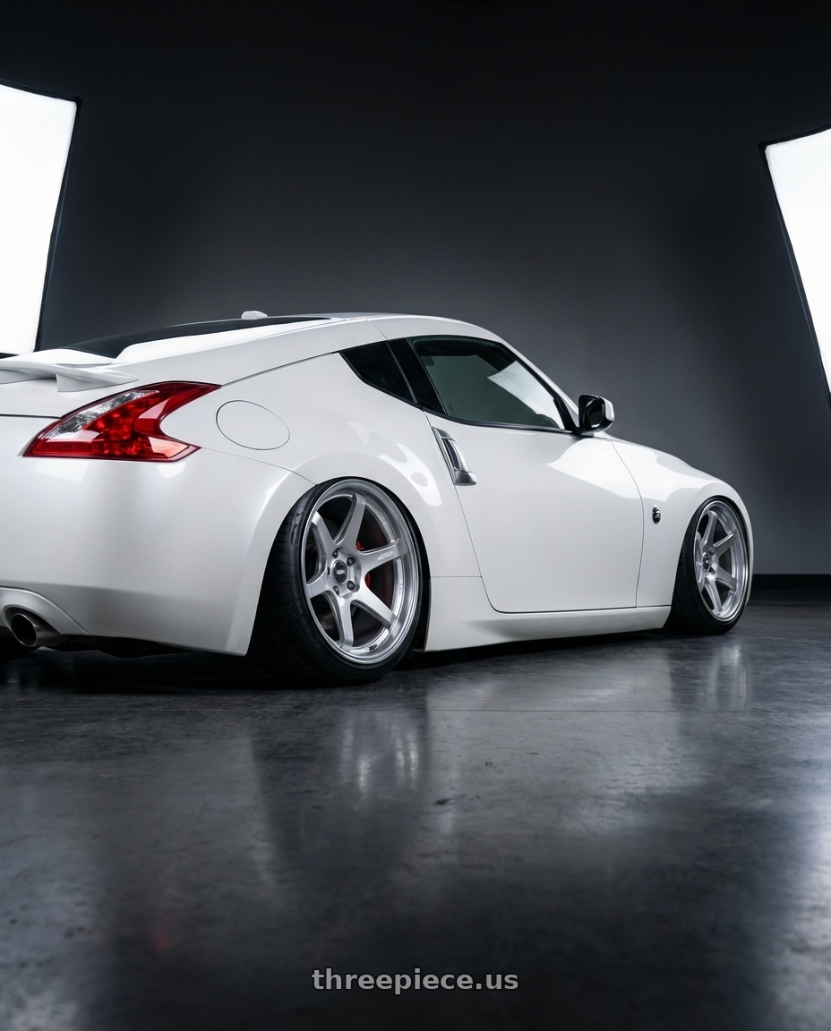 2019 Nissan 370Z with ESR Wheels APEX SERIES AP6 5x114.3 19x9.5 +22 Hyper Silver wheels rear three quarter view slight stretch tires