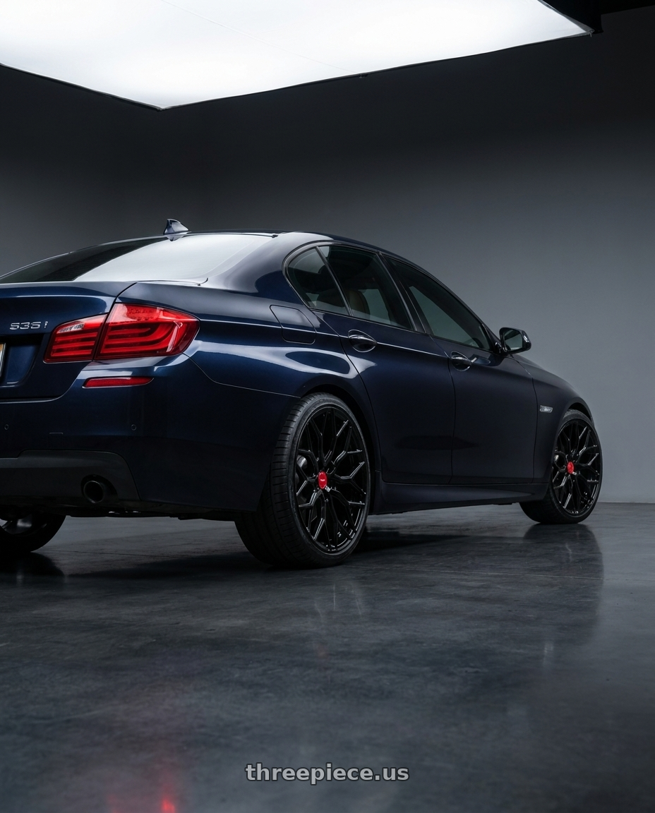 2012 BMW 535i with VOSSEN HF-2 5X120 20x9 +35 GLOSS BLACK wheels rear three quarter view square tires