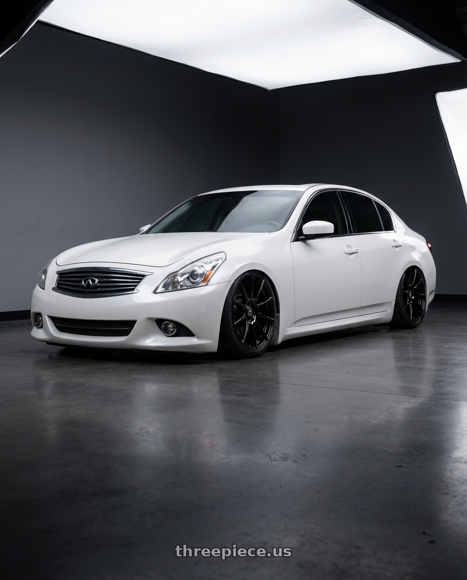 2012 Infiniti G37 with Forgestar CF10 5x114.3 19x10 +42 Gloss Black wheels front three quarter view stanced stance