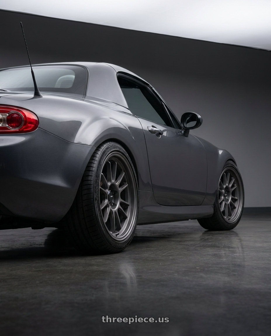 2014 Mazda Miata with Konig Hypergram 5x114.3 17x8+45 Matte Grey wheels rear three quarter view slight stretch tires
