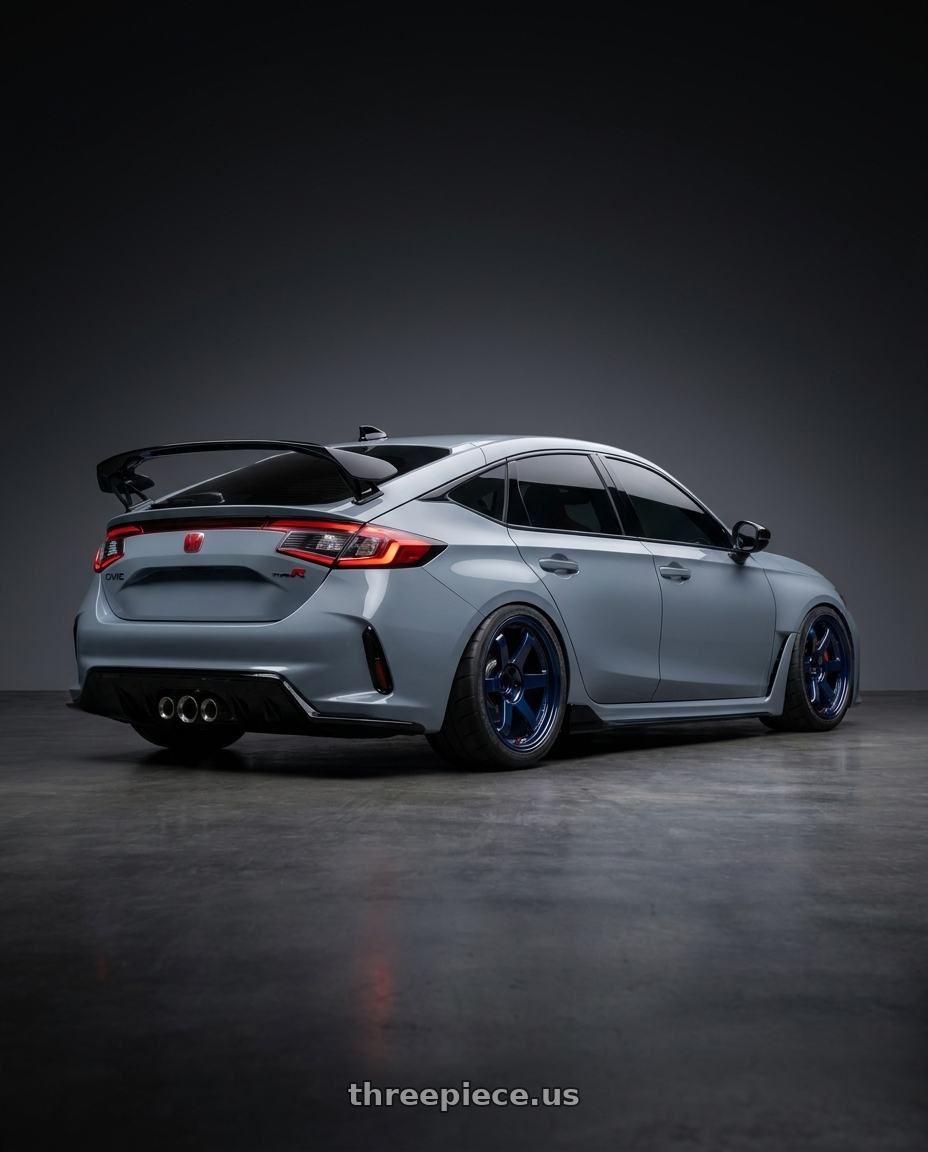 2024 Type R  with Volk Racing TE37SL 5x114.3 18x9.5 +40 MAG BLUE wheels rear three quarter view meaty tires