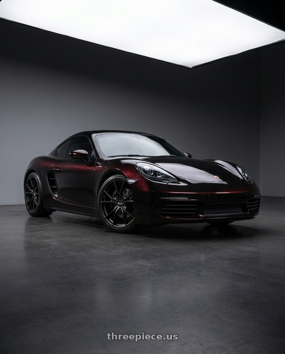 2019 Porsche 718 Cayman, Black Pearlescent with red metallic with Bravado 08B Tribute 5x114.3 20x9.5 +35 Matte Black wheels