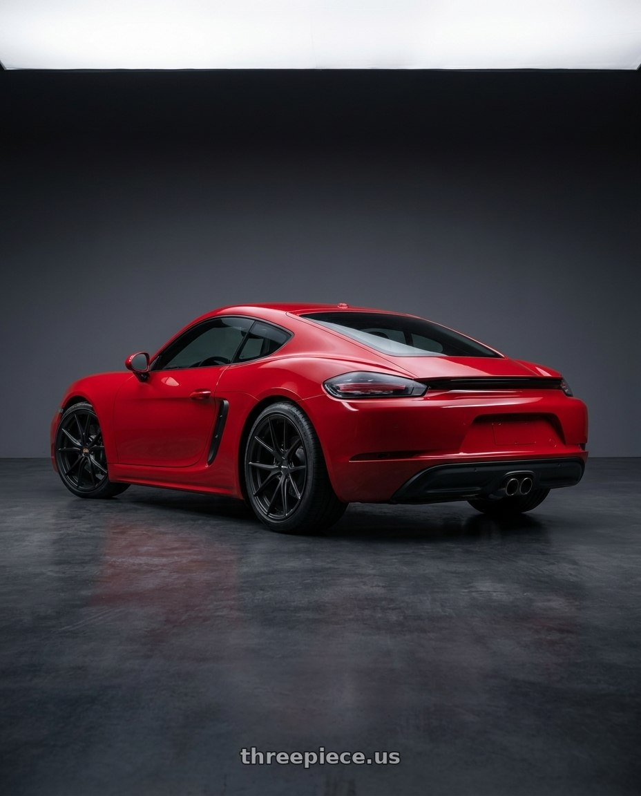 2019 Porsche 718 Cayman, Black Pearlescent with red metallic with Bravado 08B Tribute 5x114.3 20x9.5 +35 Matte Black wheels rear three quarter view square tires