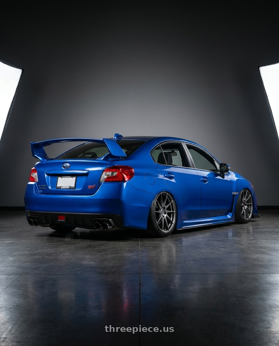 2013 Subaru WRX STI with Aodhan AH09 5x114.3 18x9.5 +35 Hyper Black wheels rear three quarter view slight stretch tires