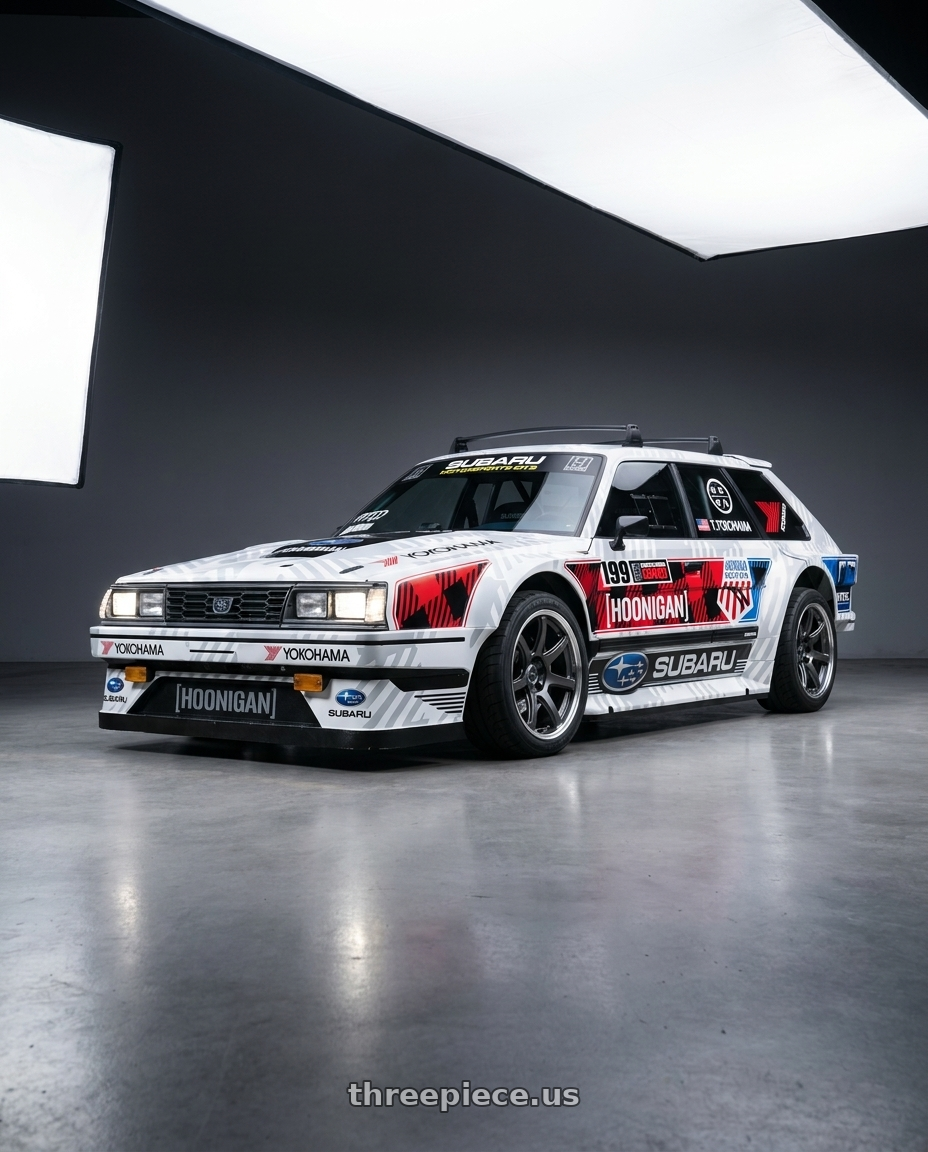 1983 subaru gl wagon with hoonigan wide body kit aero,hoonigan livery,Yokohama tires paint, silver brake with Work Emotion T7R 2P wheels