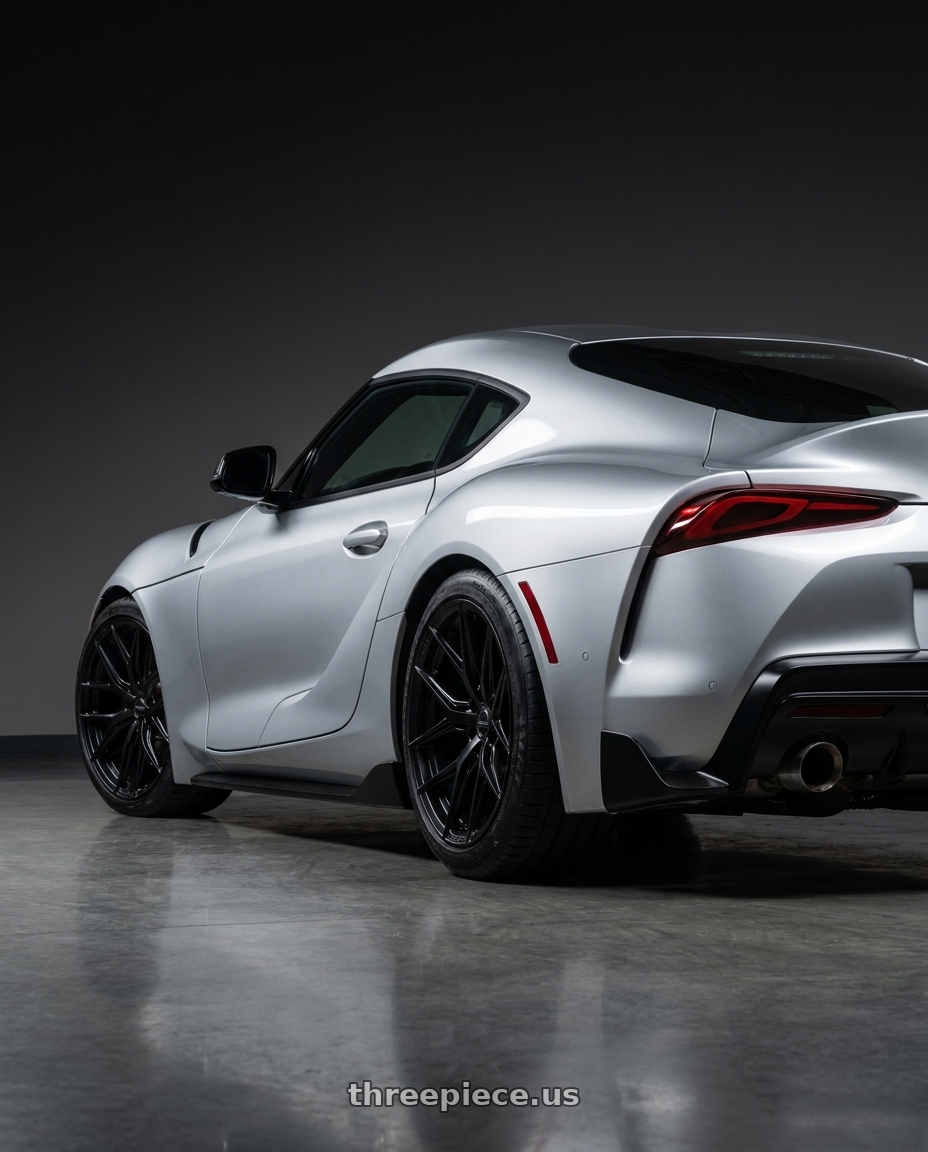 2023 A90 Toyota with VOSSEN HF6-4 6X139.7 18x9 +0 SATIN BLACK wheels rear three quarter view square tires