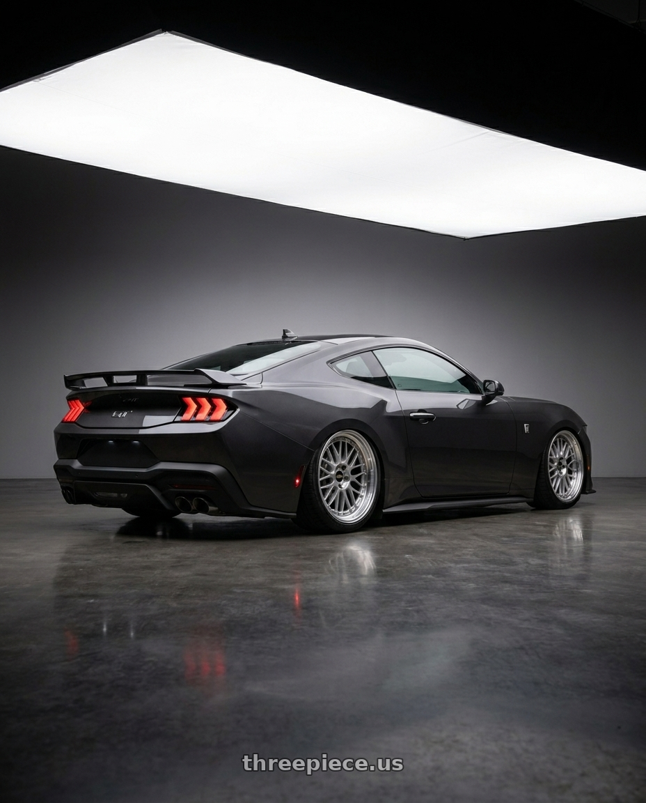 2025 Ford mustang gtd with BBS LM 5x114.3 20x10.0+38 Diamond Silver wheels rear three quarter view slight stretch tires