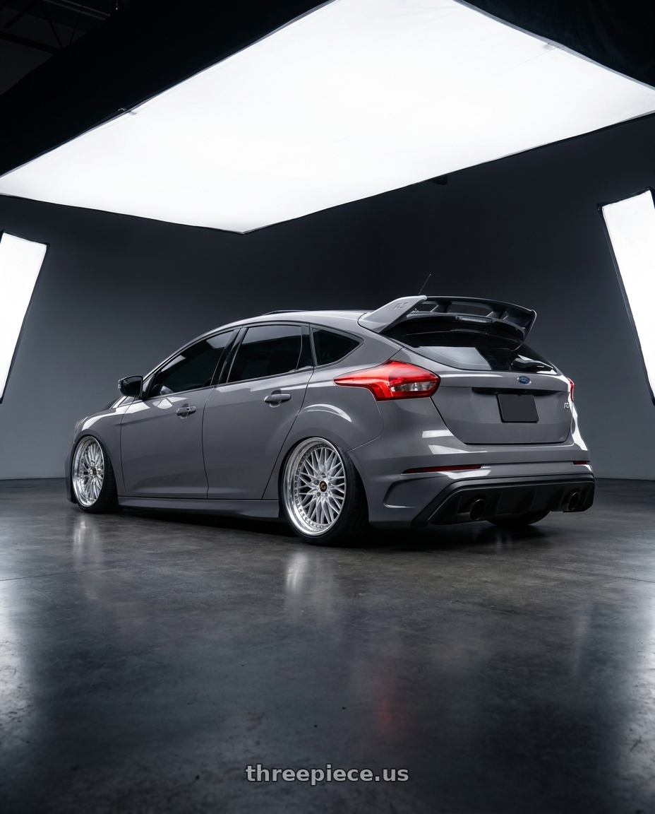 2017 Ford Focus RS with Work Vs-Xv 5x108 18x10+20 O Disk Silky Rich Silver wheels rear three quarter view slight stretch tires