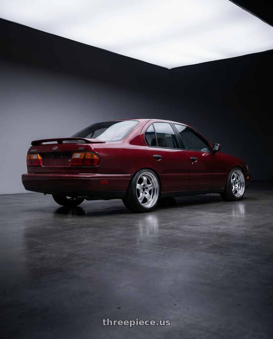 1993 Infiniti g20 with Work Meister S1 2P 4x114.3 15x10+0 O Disk Silver wheels rear three quarter view slight stretch tires