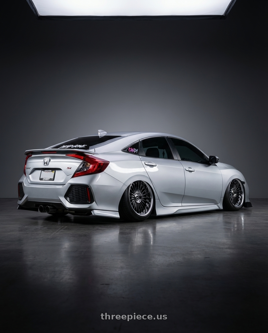 2018 Honda civic si lunar silver metallic  with Work Emitz Black Polish 5x100 19x9.0 +0 wheels rear three quarter view slight stretch tires