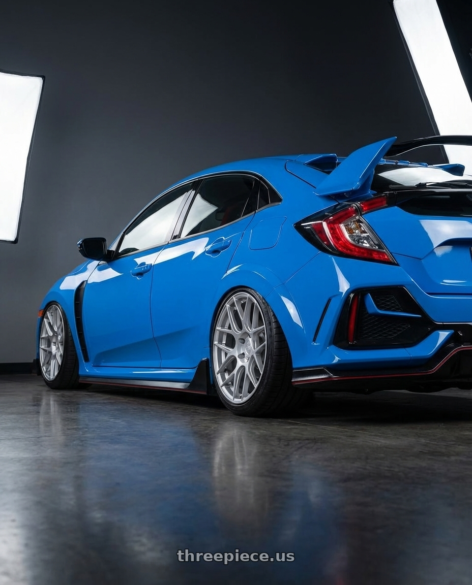 2020 Honda Civic Type R with Aodhan AFF2 5x120 19x9.5+35 Gloss Silver Machined Face wheels rear three quarter view slight stretch tires