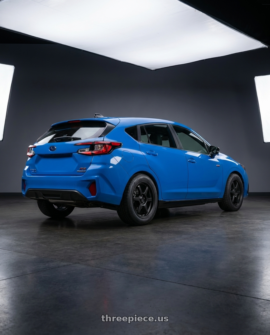 2024 Subaru Impreza RS with Konig 30B Backbone 5x114.3 17x7.5 +45 Matte Black wheels rear three quarter view meaty tires