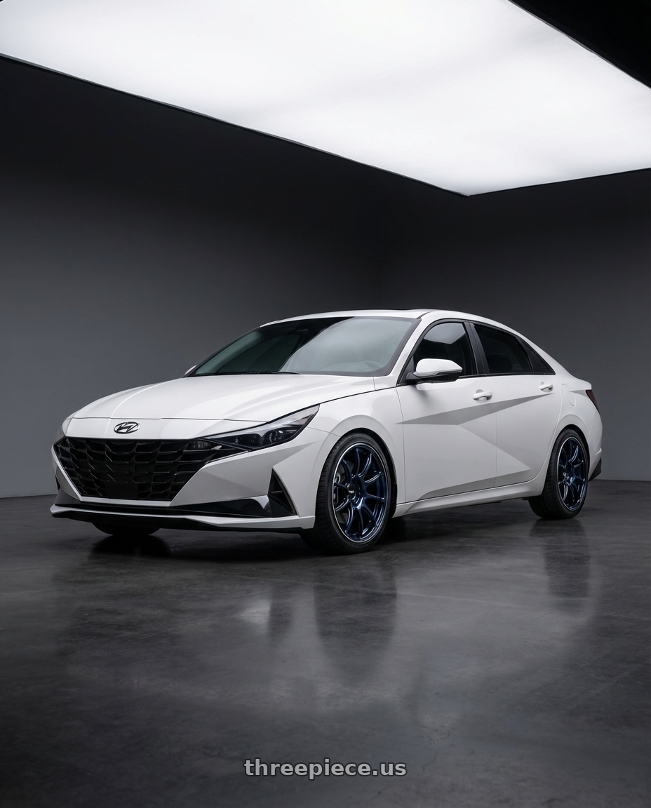 2024 Hyundai Elantra N with Advan RZ II 5x114.3 19x10+25 Racing Indigo Blue and Ring wheels front three quarter view lowered stance