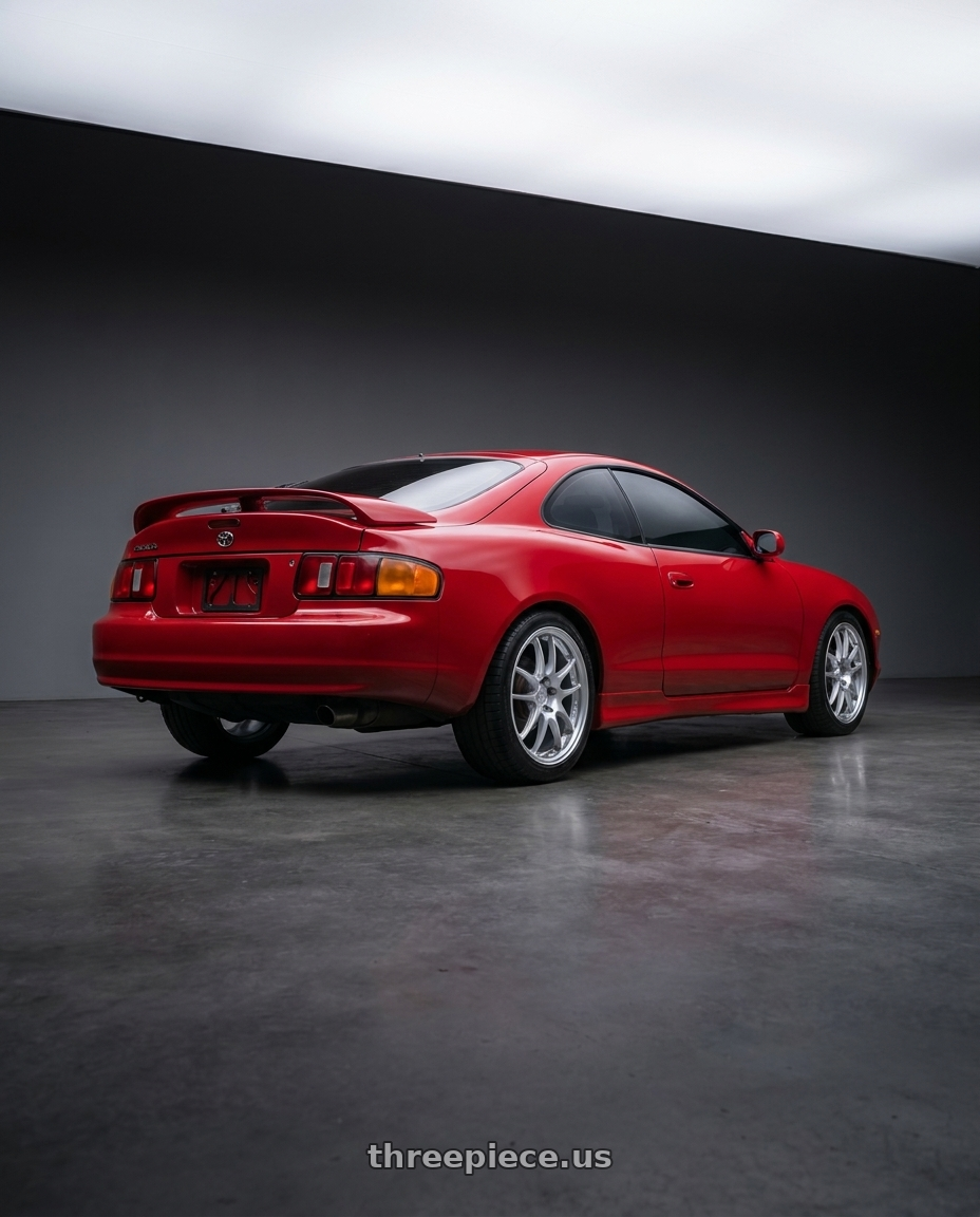 1994 toyota celica gt with Enkei PF01 5x100 17x8+35 Silver wheels rear three quarter view square tires
